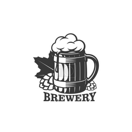 Téléchargez les illustrations : Beer brewery icon, pint mug and hop, craft beer or brewing company vector label. Beer bar or pub emblem, alcohol drinks and beverages sign of ale draught beer in pint with froth for Oktoberfest - en licence libre de droit