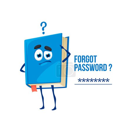 Téléchargez les illustrations : Forgot password cartoon book character. Vector thoughtful textbook personage with question mark and pensive face. Manual information for data recovery in internet, login and password access - en licence libre de droit