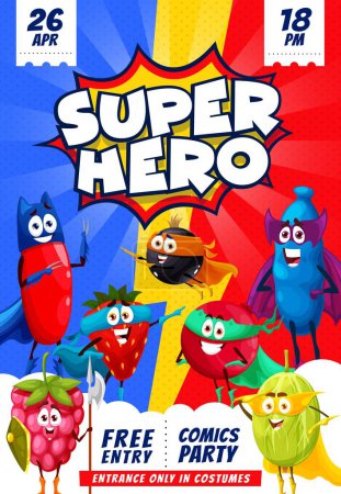 Téléchargez les illustrations : Cartoon superhero berry characters retro flyer. Vector invitation poster for costume party with super hero barberry, strawberry, raspberry and gooseberry, honeyberry, black currant or cranberry - en licence libre de droit