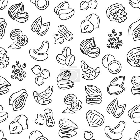 Ilustración de Outline nuts seamless pattern. Natural and healthy nutrition vector background, textile thin line seamless print or wallpaper pattern with hazelnut, coconut and cashew, brazil nut, walnut, pistachios - Imagen libre de derechos