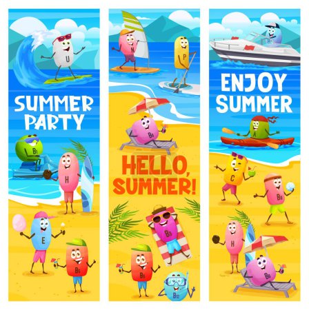 Illustration for Summer party, cheerful cartoon vitamin characters on beach vacation. Vector banners with nutrient capsules fun on seaside. B, H, E, U, B6 and N, P and B12, C, B9 and A drug pills on ocean - Royalty Free Image