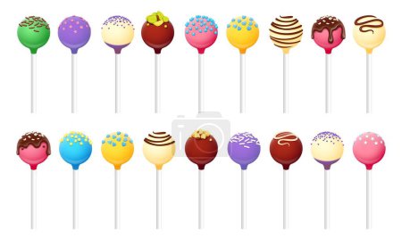 Téléchargez les illustrations : Cake pop, colorful sweet cookies on sticks isolated vector set. Caramel, chocolate, vanilla bakery decorated with sprinkles, icing and topping. Sweets for birthday celebration, lollipop confectionery - en licence libre de droit
