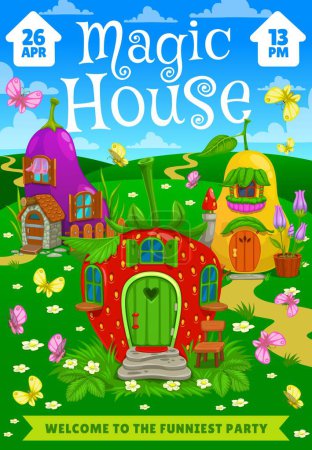 Illustration for Kids party flyer, fairytale magic houses and dwellings, vector entertainment event poster. Kids party invitation flyer with cartoon houses of gnome or fairy elf from strawberry, pear and eggplant hut - Royalty Free Image