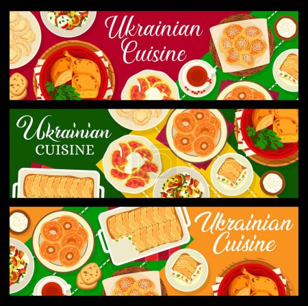 Téléchargez les illustrations : Ukrainian cuisine food vector banners with meat vegetable dishes and cheesecake dessert. Baked chicken and fish casserole with noodle pudding and sweet donuts, cheese and cherry dumplings, bagels - en licence libre de droit