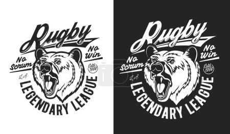 Ilustración de Grizzly bear mascot rugby sport t-shirt print for sports team uniform apparel. Isolated labels with wild predator animal roar face and typography, monochrome emblem for tshirt or club - Imagen libre de derechos