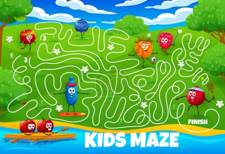 Ilustración de Labyrinth maze riddle, cartoon cheerful berry characters on summer vacation. Kids board game vector worksheet with honeyberry, cranberry, cloudberry and cherry. Blueberry, and raspberry activities - Imagen libre de derechos