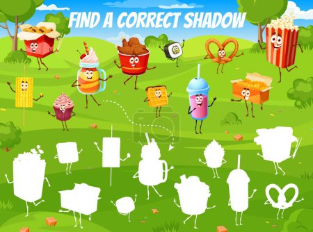 Illustration for Find a correct shadow of cartoon fast food and desserts characters kids game puzzle vector worksheet. Match and connect quiz game of fastfood personages, chicken legs, nuggets, soda drink and popcorn - Royalty Free Image