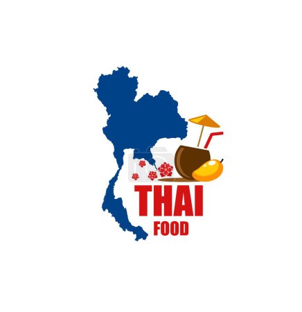 Téléchargez les illustrations : Thai food restaurant icon. Thailand cuisine cafe, asian country travel tour or trip vector symbol with sign map, territory silhouette, mango fruit and cocktail drink in coconut - en licence libre de droit