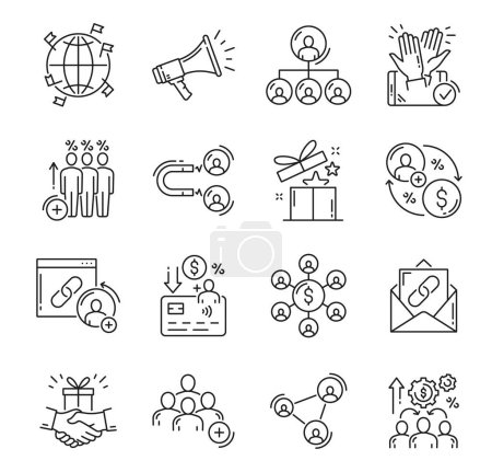 Illustration for Affiliate and referral program outline icons. Affiliate marketing strategy, customers network and sales management, referral bonus line icons, loudspeaker, people, gift box and money pictograms - Royalty Free Image