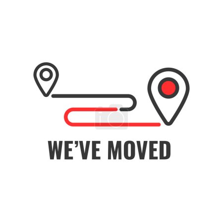 Ilustración de We have moved outline icon. Business address change announcement or minimalistic sign. Relocation and move vector symbol or icon with navigation pin point, transfer route lines - Imagen libre de derechos