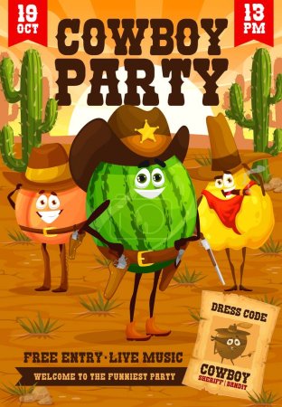 Téléchargez les illustrations : Western kids party flyer, cartoon fruit cowboy, ranger, sheriff and robber characters. Vector wild west personages cute apricot, watermelon and quince punchers with guns and hats in desert with cacti - en licence libre de droit