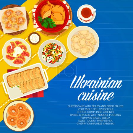 Téléchargez les illustrations : Ukrainian cuisine menu cover with traditional dishes of Ukraine meal. Vector vegetable fish casserole, baked meat and cheesecake dessert, cheese and cherry dumplings, noodle pudding and sweet donuts - en licence libre de droit