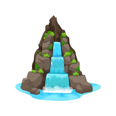 Téléchargez les illustrations : Cartoon waterfall and water cascade. Isolated vector hill with falling flow design element of natural environment or park decoration. Splashing aqua stream falling from rock with green vegetation - en licence libre de droit