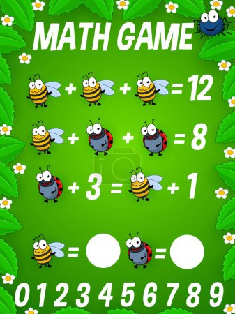 Illustration for Math game worksheet. Cartoon funny insects. Cheerful bumblebee or bee, ladybug and spider cute characters on kids mathematical quiz, addition playing activity vector page or children puzzle game - Royalty Free Image
