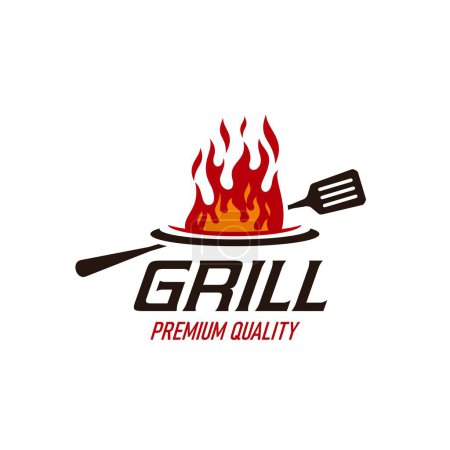 Téléchargez les illustrations : BBQ grill icon of fire flame and spatula, barbecue steak restaurant vector emblem. BBQ grill flame symbol for cuisine menu or barbeque cooking party, meat bar and butchery premium quality sign - en licence libre de droit