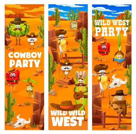 Téléchargez les illustrations : Wild West cowboy party, cartoon ranger, bandit and cowboy vegetable characters. Vector cards with funny Western personages mushroom, cabbage, bell pepper and olive, radish, corn and potato in desert - en licence libre de droit
