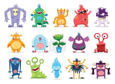 Illustration for Cartoon monster characters, funny alien creatures and kids personages, vector bizarre animals. Cute cheerful monsters, devils and goblins, Yeti troll, alien flower plant, dragon or gremlin and cyclops - Royalty Free Image