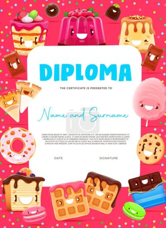 Illustration for Kids diploma cartoon funny bakery and dessert characters. Vector award frame, certificate template with kawaii wafer, donut, cookie and candy cotton. Pudding, pie, cake, macaroon, chocolate personages - Royalty Free Image