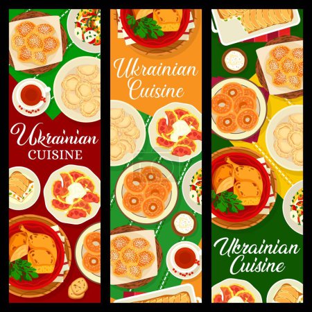 Illustration for Ukrainian cuisine food banners of meat, fish and vegetable vector dishes with dessert. Cheese and cherry dumpling vareniki, baked chicken, noodle pudding and veggie casserole, cheesecake, bagel, donut - Royalty Free Image