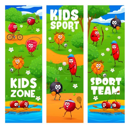Illustration for Kids sport zone cartoon cheerful berry characters on sport zone. Vector banners with raspberry, cherry, black currant and cloudberry with rose hip, cranberry and barberry personages summer activities - Royalty Free Image