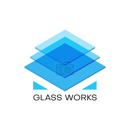 Téléchargez les illustrations : Glass works icon, window production technology company vector emblem. House building, architecture or construction and interior design service icon of crystal, blue glass in square layers - en licence libre de droit