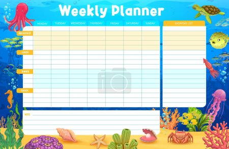 Illustration for Cartoon underwater landscape and animals weekly planner schedule. Vector meal timetable, week food plan, dieting organizer template with sea octopus, jellyfish, turtle, squid or shells on ocean bottom - Royalty Free Image