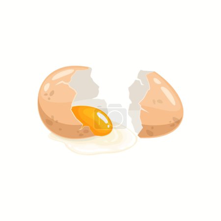 Téléchargez les illustrations : Cartoon chicken egg with broken shell and raw oozing yolk and glair isolated on white background. Brown egg fresh farm product, natural food, poultry farm production - en licence libre de droit