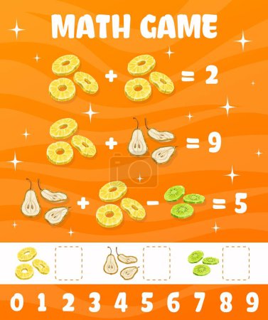 Illustration for Pear, kiwi and pineapple dried fruits math game worksheet. Vector kids education riddle for school activity, mathematics learning addition and subtraction for children. Counting and calculation task - Royalty Free Image