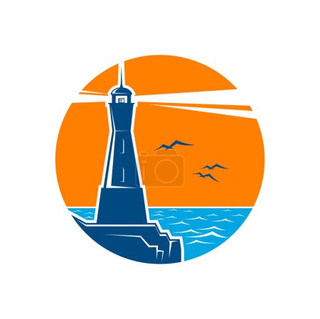 Téléchargez les illustrations : Lighthouse on sea shore circle icon. Ocean travel and navigation, safety and tourism company vector emblem, vintage symbol or sign with lighthouse and beacon on rock, sea horizon and flying birds - en licence libre de droit
