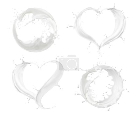 Illustration for Milk or cream splash, circle and heart wave flow with realistic white drops. Vector 3d dairy food or drink swirls with milky or creamy smooth texture. Pouring milk heart and circle frames set - Royalty Free Image