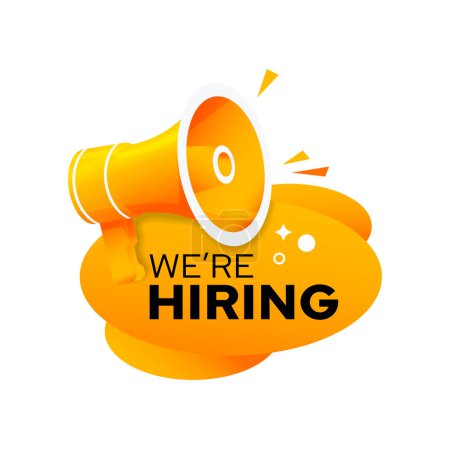 Téléchargez les illustrations : We are hiring, job offer, recruit, join our team vector icon. Vacancy alert with megaphone, announcement for applicant recruitment. Work opportunity, employment and human resource sign with bullhorn - en licence libre de droit