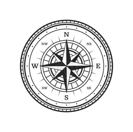 Illustration for Old compass. Vintage map wind rose of vector travel and adventure. Nautical cartography windrose star with North, East, West and South direction arrows. Antique compass of marine journey navigation - Royalty Free Image
