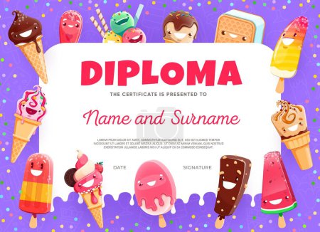 Illustration for Kids diploma cartoon funny ice cream dessert characters. Vector frame with kawaii icecream personages. Fruit ice, popsicle, sandwich, waffle cone, gelato and eskimo appreciation award frame template - Royalty Free Image