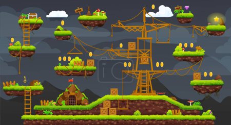Ilustración de 2d arcade game night level map interface. Platform, stairs, coins, bonus and treasure icons. Vector landscape with float islands with grass, ropes and ladders. Video game background, adventure world - Imagen libre de derechos