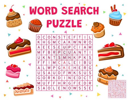 Cakes, cupcakes and pie, word search puzzle game, vector worksheet. Quiz riddle grid to search and find word of pastry desserts and bakery cakes, cheesecake or pudding with muffin and souffle