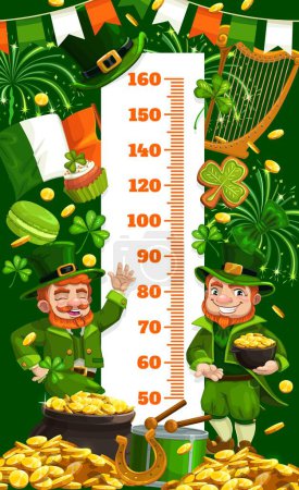 Téléchargez les illustrations : Kids height chart. Cartoon leprechauns with gold. Growth measure meter with funny leprechauns holding pot with coins, horseshoe and drum, shamrock, Irish flag and Saint Patricks Day celebration sweets - en licence libre de droit