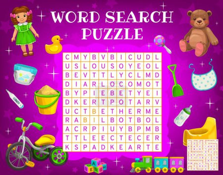Illustration for Cartoon kids accessories and toys, word search puzzle game worksheet, vector kids quiz grid. Education riddle to search word of kids toys bear and bicycle, alphabet cubes and thermometer with diaper - Royalty Free Image