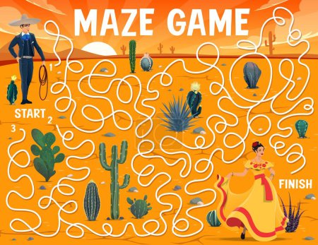 Illustration for Labyrinth maze of mexican charro cowboy and woman in desert. Vector puzzle game quiz, help cowboy find way to girl riddle with cartoon nature landscape, agave, opuntia and saguaro cactuses - Royalty Free Image