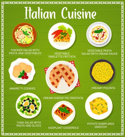 Illustration for Italian cuisine menu vector chicken salad with pasta and vegetables, omelette frittata, pasta salad with cream sauce, amaretti cookies. Cheese pie crosstata, creamy polenta and tuna salad Italy meals - Royalty Free Image