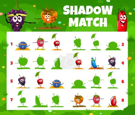 Téléchargez les illustrations : Shadow match game worksheet cartoon berry characters on yoga fitness. Kids vector riddle with blueberry, raspberry, cherry and blackberry with honeysuckle, cloudberry and rose hip sportsman personages - en licence libre de droit