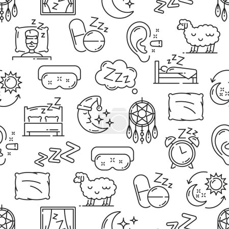 Téléchargez les illustrations : Sleep items seamless pattern, night dreams and bedtime vector background. Bed pillow, moon and bedroom zzz symbol with carton cartoon sheep, sleeping mask, alarm clock and dream catcher line pattern - en licence libre de droit