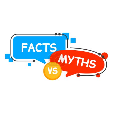 Téléchargez les illustrations : Myths vs facts icon. Truth and false, reality or true versus fiction or lie vector speech bubbles of myth busting quiz. Square and round word balloons and color text boxes, fact checking themes - en licence libre de droit