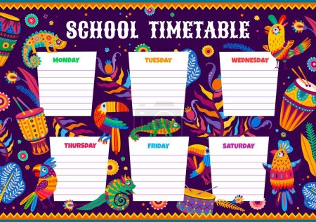 Téléchargez les illustrations : School timetable schedule with brazilian drums and mexican animals. Kids lessons vector weekly schedule, child education daily planner with colorful and cute chameleon lizard, toucan and parrot birds - en licence libre de droit