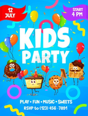 Téléchargez les illustrations : Kids party flyer with cartoon desserts, pastry and bakery characters. Vector promo invitation poster with cute sweet food personages donut, cake, chocolate cookie and waffle with balloons and confetti - en licence libre de droit