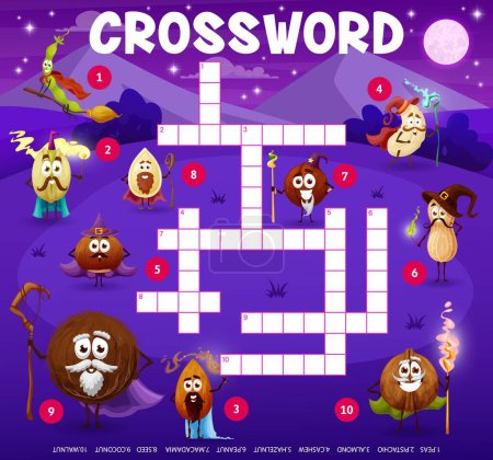 Ilustración de Crossword grid, cartoon nuts mage and wizard characters, vector quiz game for kids. Coconut and walnut sorcerer with almond, cashew and peanut witch magician to guess word on crossword worksheet - Imagen libre de derechos