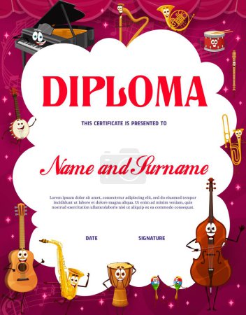 Téléchargez les illustrations : Kids diploma cartoon musical instrument characters. Educational music school vector certificate template with cute grand piano, guitar, saxophone and jembe drum. Double bass, banjo, harp and horn - en licence libre de droit