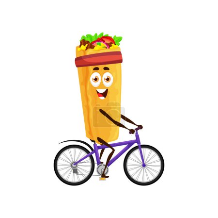 Ilustración de Cartoon shawarma character on bicycle. Funny vector burrito, roll or doner kebab fast food personage filled with lettuce, meat and tomato cycling on bike, sport activity. Mexican tex mex snack - Imagen libre de derechos