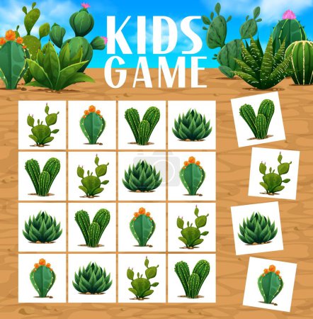 Illustration for Sudoku game mexican prickly cactus succulents. Vector kids riddle with cartoon cacti on chequered board. Educational task, children crossword teaser for sparetime activity, recreational boardgame - Royalty Free Image