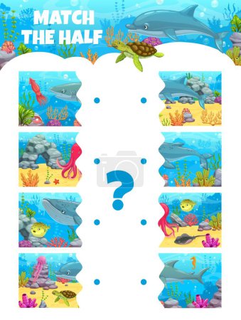 Téléchargez les illustrations : Match the half piece game. Cartoon underwater landscape and animals. Vector worksheet with seafloor, corals, weeds. turtle, whale and shark. Dolphin, octopus, jellyfish and puffer fish with squid - en licence libre de droit
