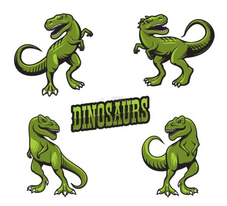 Illustration for Tyrannosaur dinosaur mascots. T-rex monster, jurassic raptor sport team mascot character. Danger and ferocious tyrannosaur green reptile roaring in different poses, aggressive tyrannosaurus mascot - Royalty Free Image
